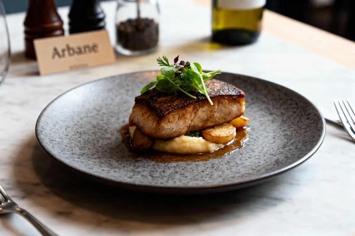 Assiette de poisson grillé sur purée, pommes de terre rôties, garnie de verdure, restaurant chic en arrière-plan.