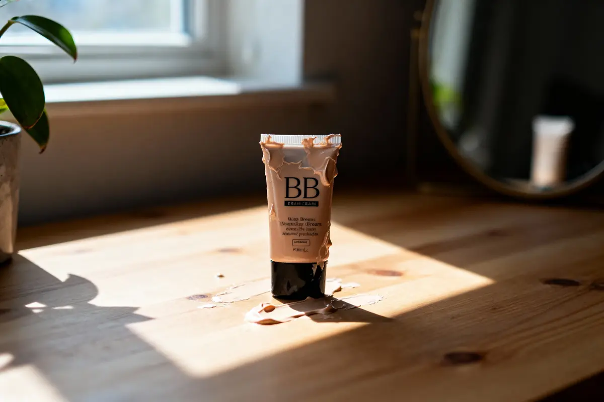 Tube de crème BB éclaté sur table en bois, près de fenêtre et plante.