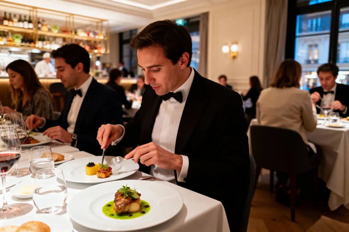 pexels-michal-pech-213601-757318 (1) Homme en smoking mangeant dans un restaurant élégant, plats raffinés devant lui, ambiance chic et conviviale.