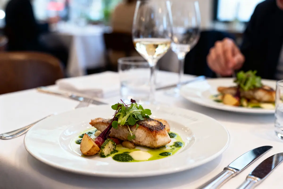 Assiette gastronomique avec poisson, légumes, couverts, verres de vin sur table de restaurant élégante, ambiance chic.
