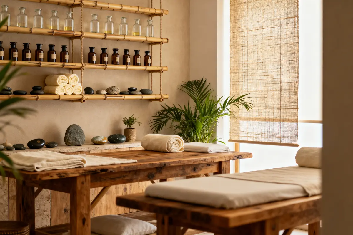 pexels-michal-pech-213601-757318 (1) Salle de massage zen avec tables en bois, étagères, pierres, flacons et plantes vertes sous lumière tamisée.