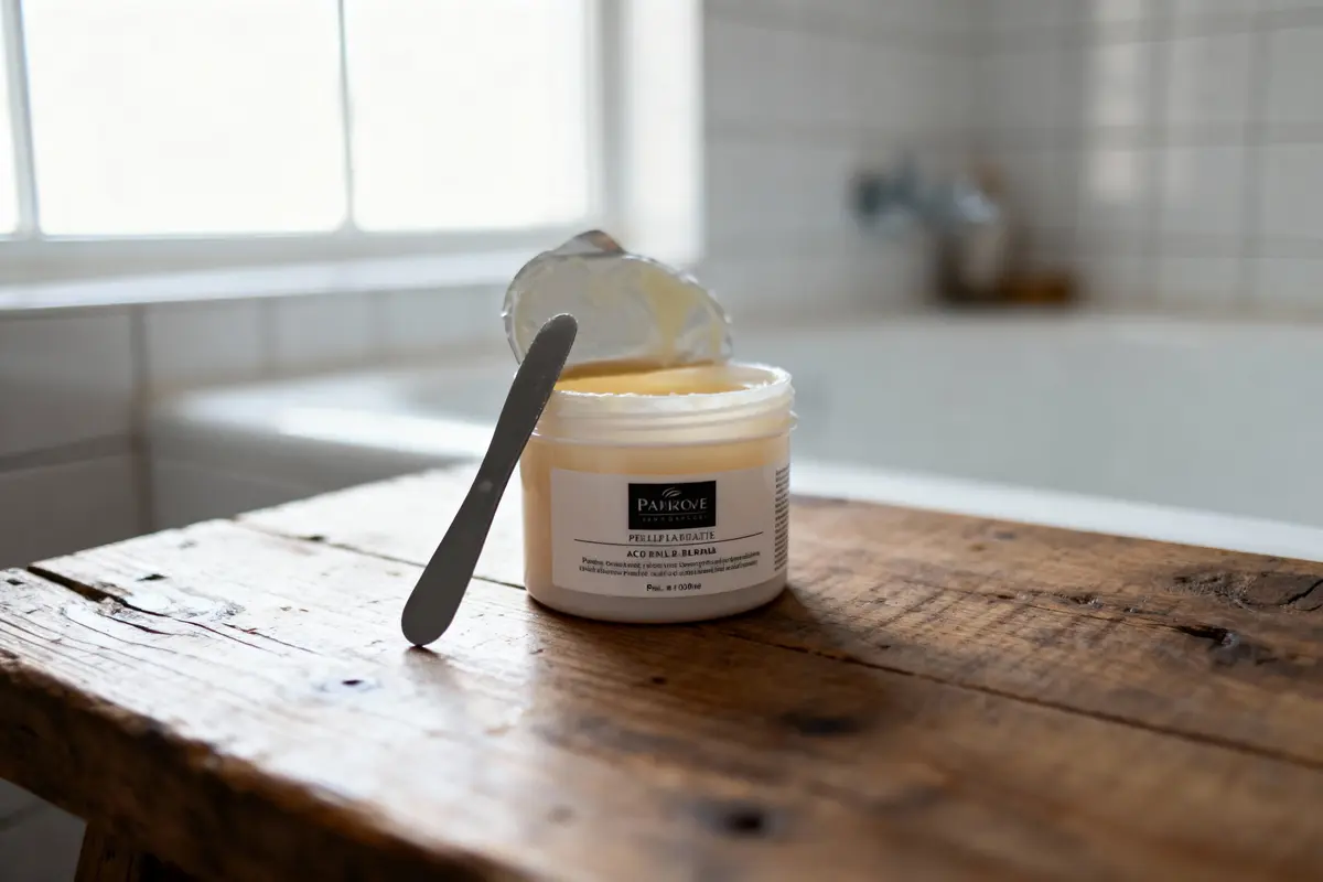 pexels-michal-pech-213601-757318 (1) Pot de crème ouvert avec spatule sur table en bois, devant une baignoire et fenêtre floue en arrière-plan.