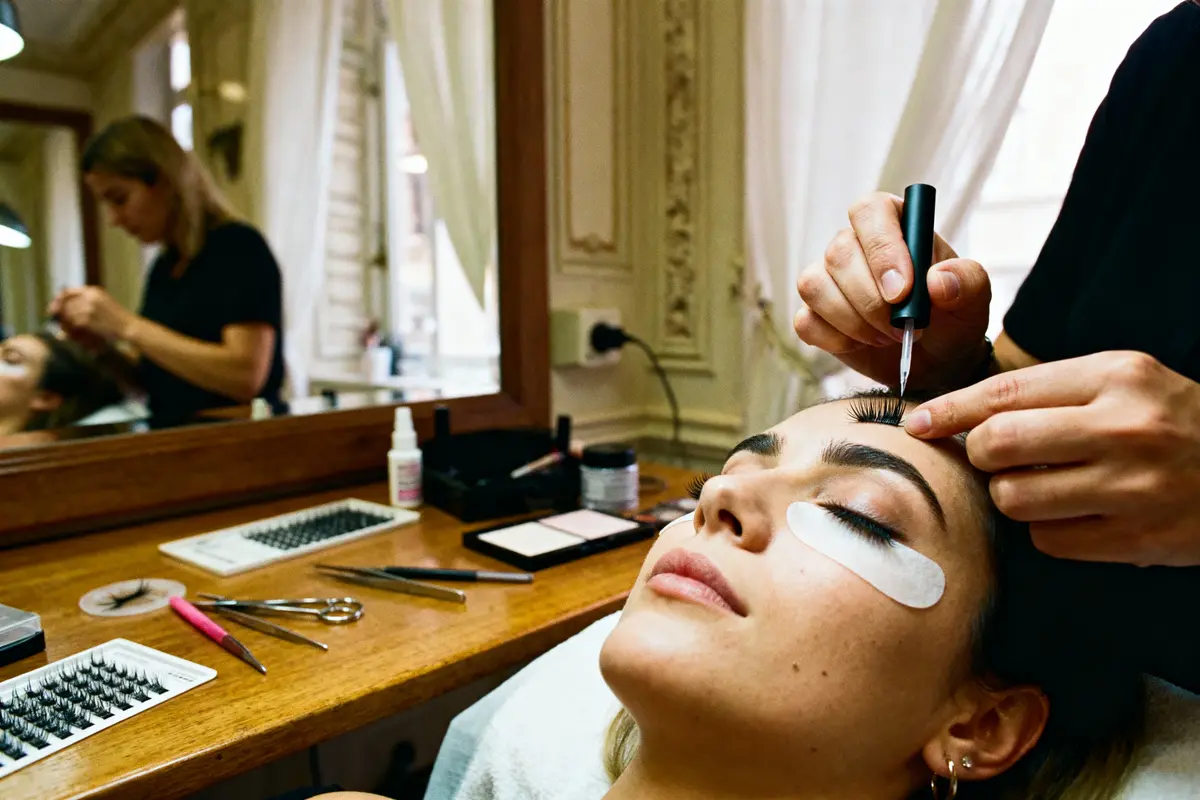 pexels-michal-pech-213601-757318 (1) Femme recevant une pose d'extensions de cils dans un salon de beauté élégant avec miroir et outils visibles.