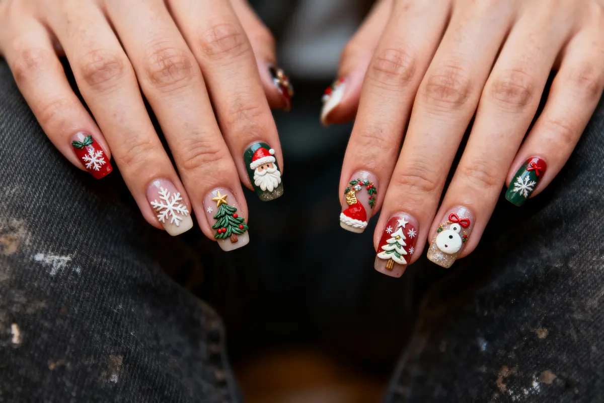 pexels-michal-pech-213601-757318 (1) Mains avec ongles décorés motifs de Noël : sapins, flocons, Père Noël, bonhomme de neige, sur fond de jeans.