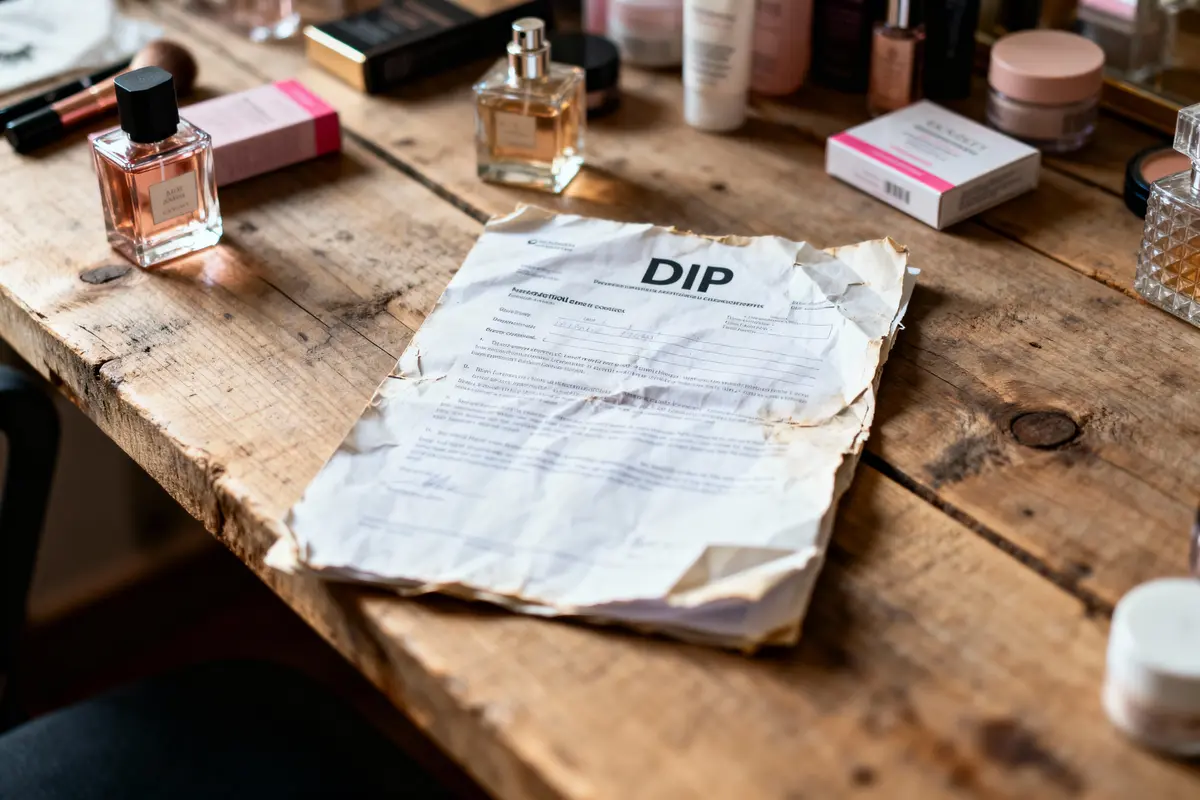 pexels-michal-pech-213601-757318 (1) Document froissé "DIP" sur table en bois, entouré de produits cosmétiques divers.