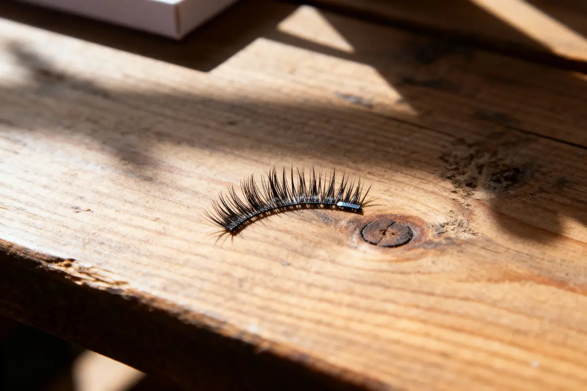 Faux cil posé sur une table en bois éclairée par la lumière naturelle.