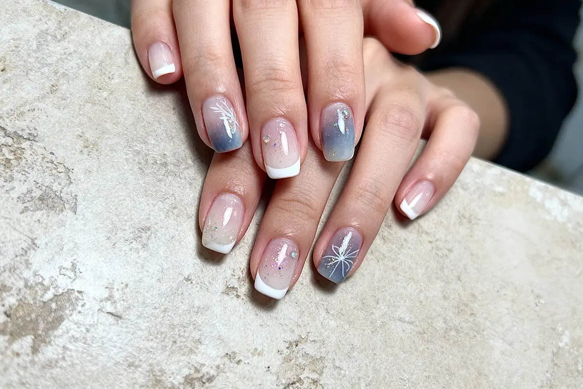 pexels-michal-pech-213601-757318 (1) Ongles avec dégradé bleu et blanc, paillettes, motifs floraux, fond marbré beige.