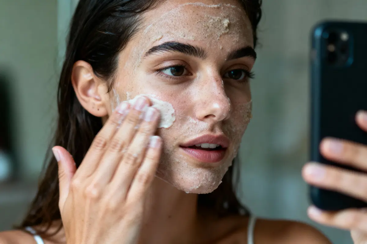 pexels-michal-pech-213601-757318 (1) Femme applique gommage visage, tenant smartphone, peau exfoliée, soigner au naturel, ambiance détendue.