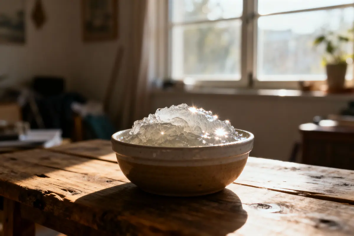 pexels-michal-pech-213601-757318 (1) Bol en céramique sur table en bois, contenant de la glace scintillante sous la lumière du soleil.