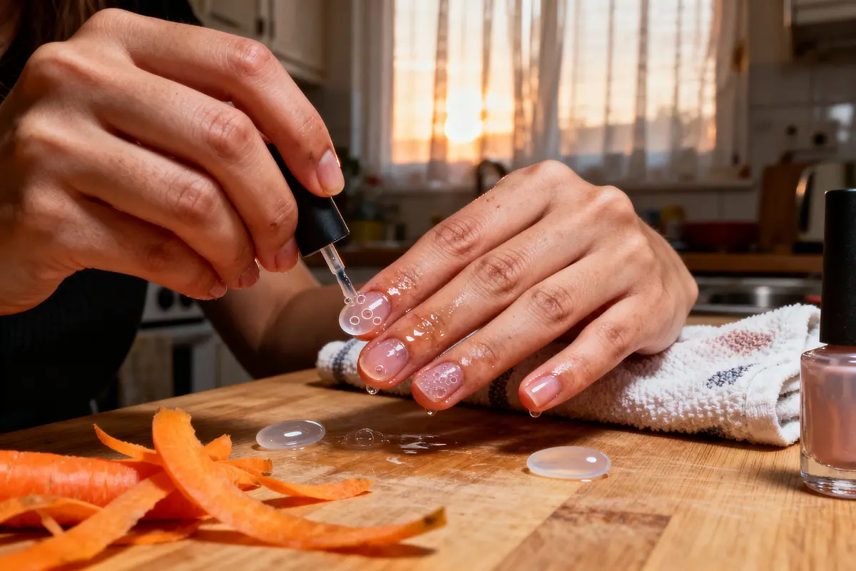 pexels-michal-pech-213601-757318 (1) Main appliquant vernis à ongles avec pipette sur planche en bois, pelures de carotte, lumière du soleil.