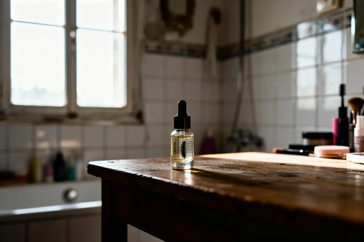 pexels-michal-pech-213601-757318 (1) Flacon compte-gouttes sur table en bois, salle de bain éclairée par fenêtre ensoleillée, ambiance rustique et intime.