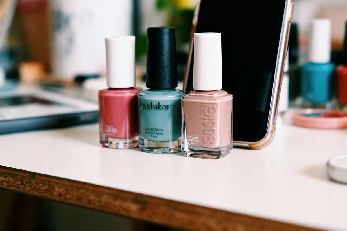 Trois flacons de vernis à ongles colorés posés sur une table, près d'un smartphone.
