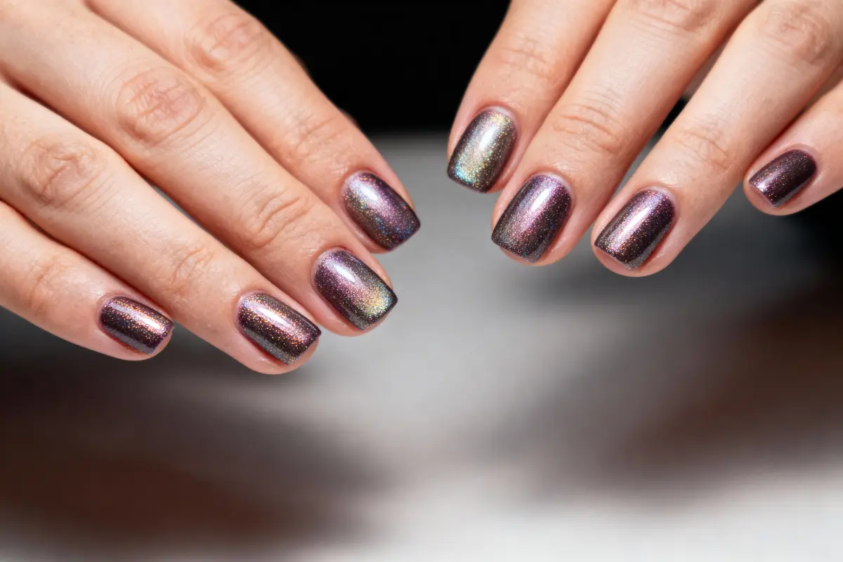pexels-michal-pech-213601-757318 (1) Mains avec manucure iridescente, vernis brillant, couleur métallique changeante, fond flou noir et blanc.