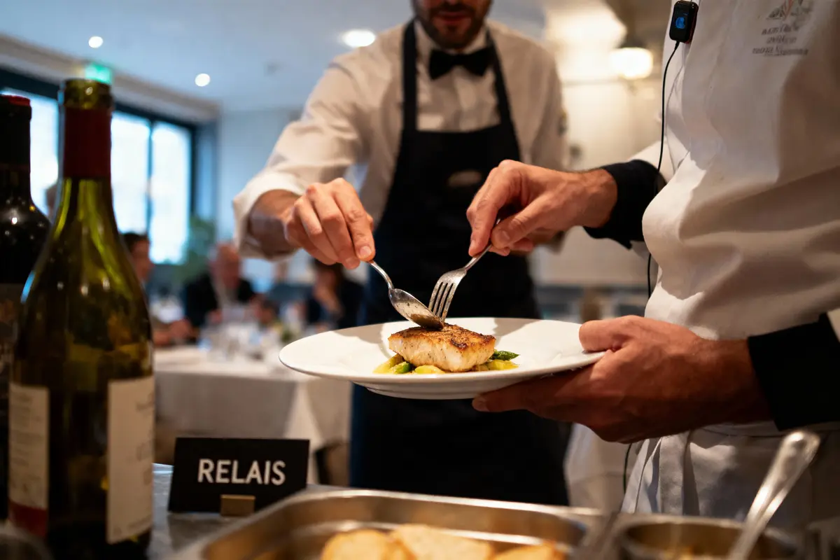 Chef préparant un plat de poisson dans un restaurant avec bouteille de vin au premier plan.