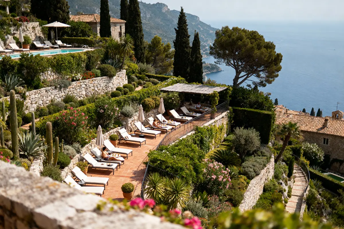 pexels-michal-pech-213601-757318 (1) Terrasse panoramique avec transats, piscine et vue sur mer, entourée de végétation méditerranéenne luxuriante et chemin.