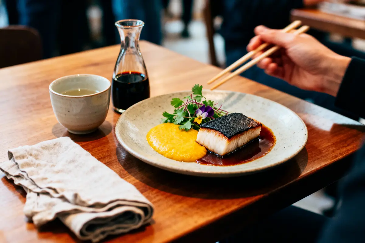 pexels-michal-pech-213601-757318 (1) Plat de poisson avec purée, sauce, décorations florales et sauce soja. Mains utilisant des baguettes.