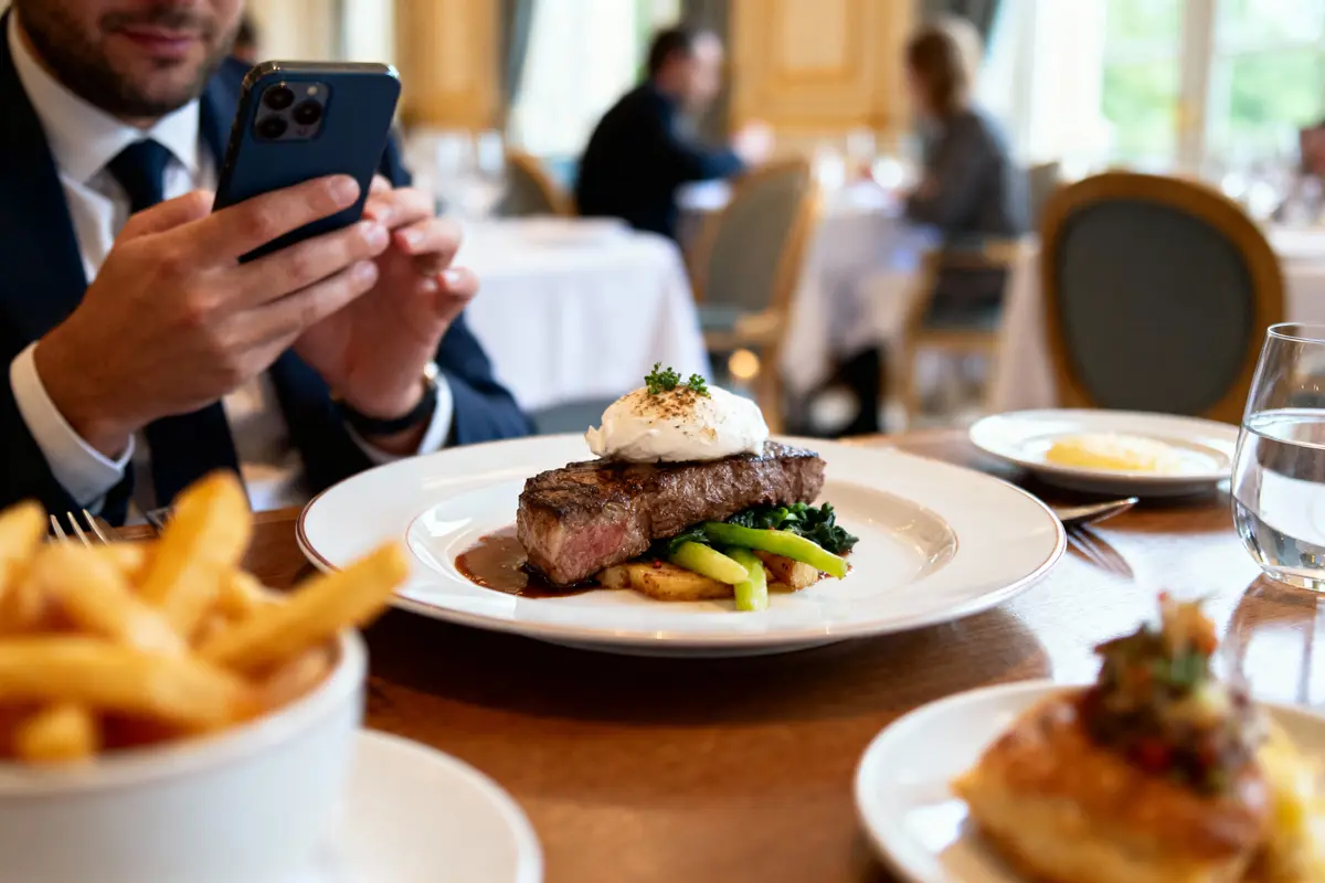 pexels-michal-pech-213601-757318 (1) Homme en costume, restaurant, prend photo steak avec téléphone, frites en premier plan, ambiance élégante.