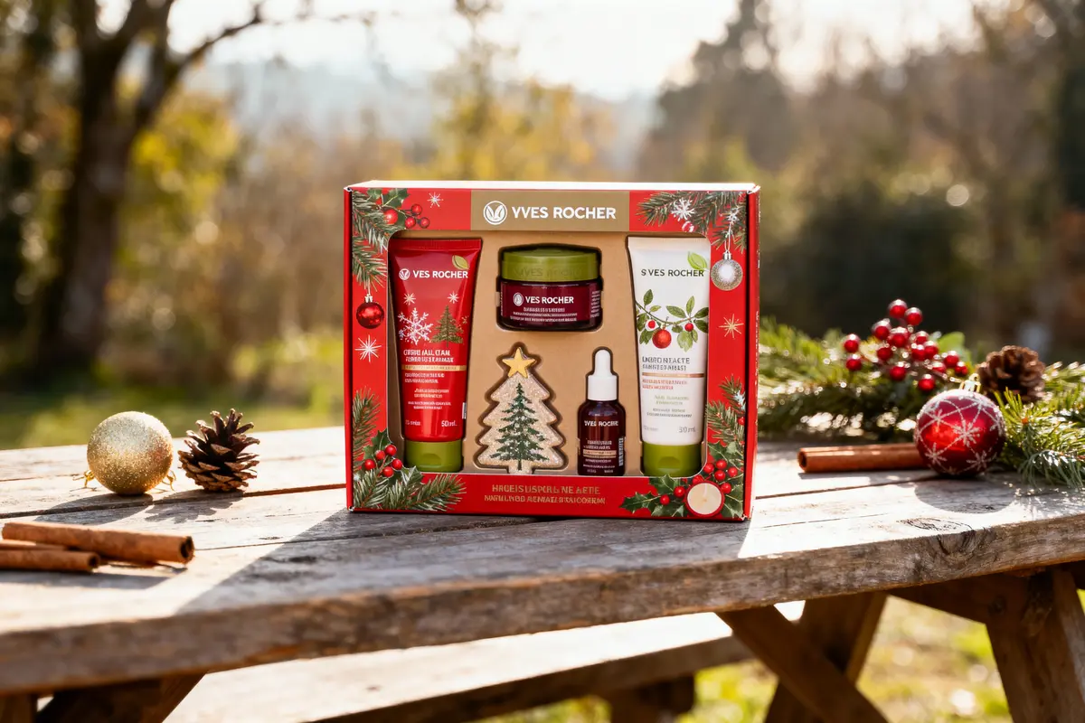 Coffret de produits de beauté Yves Rocher sur table extérieure, décorations de Noël autour.