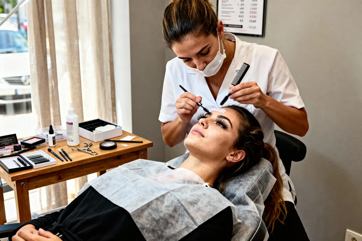 pexels-michal-pech-213601-757318 (1) Une esthéticienne applique des extensions de cils sur une cliente allongée dans un salon de beauté.