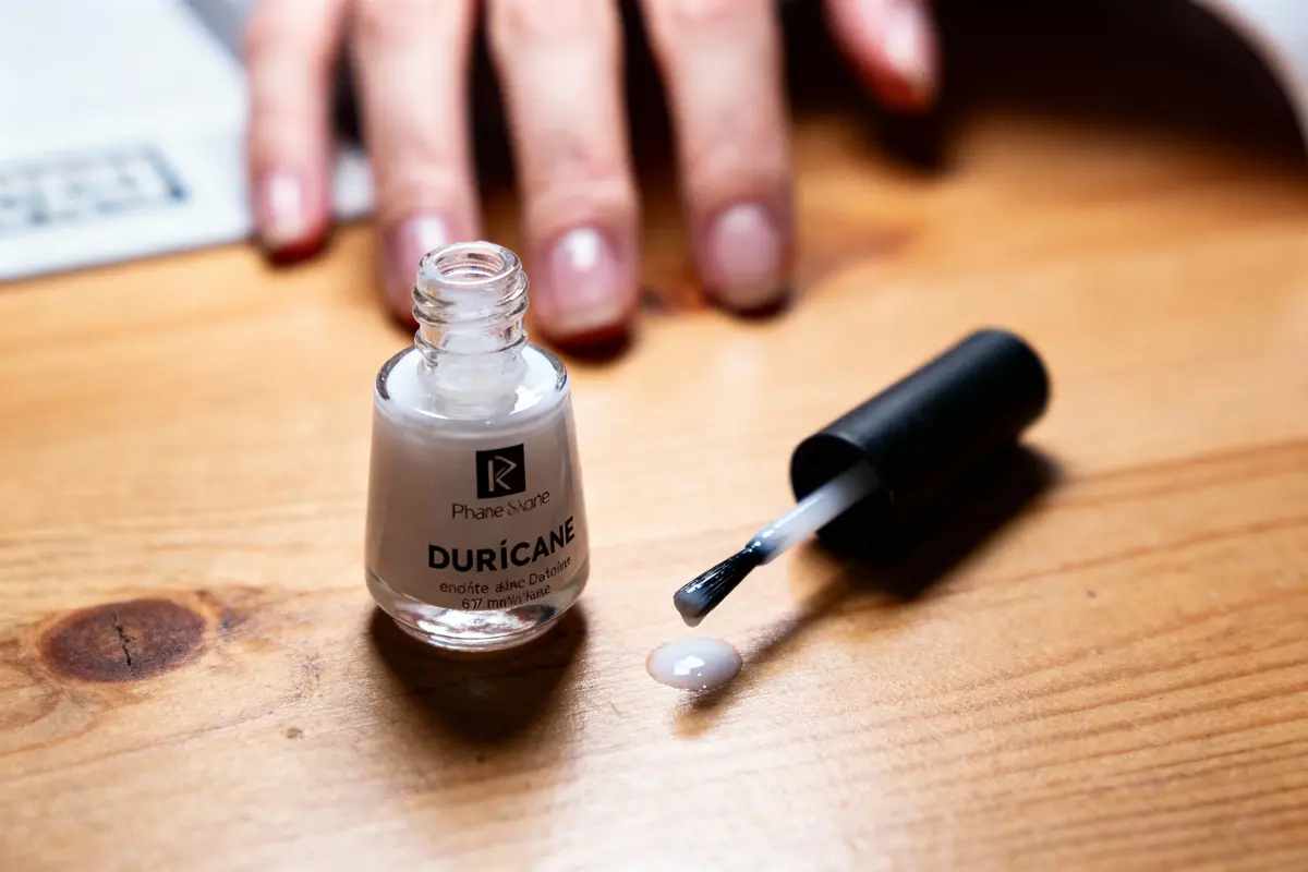 Flacon de vernis "Duricane" ouvert, pinceau et main sur table en bois.