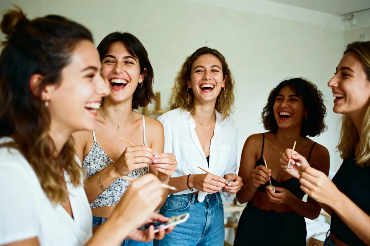 pexels-michal-pech-213601-757318 (1) Cinq jeunes femmes souriantes discutent entre elles, tenant des bâtonnets, en intérieur. Moment joyeux et convivial.