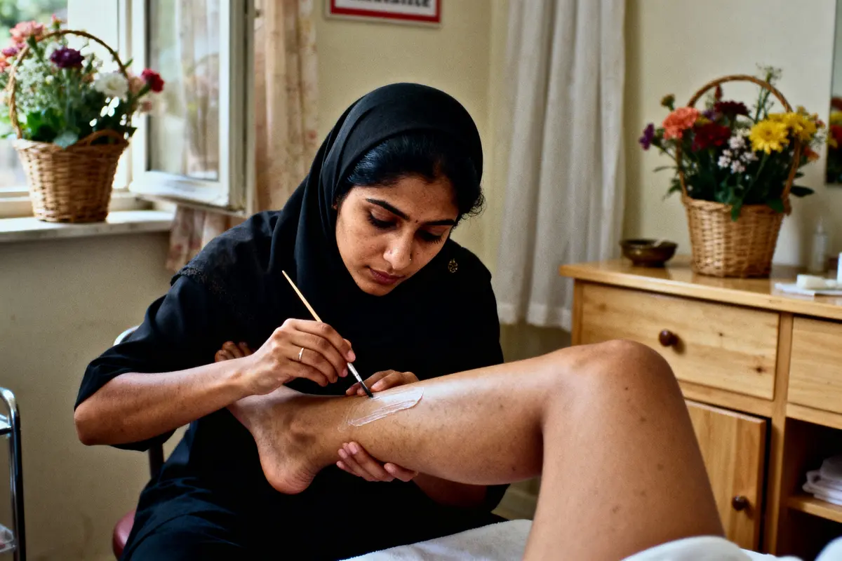 Une femme applique un traitement sur une jambe dans un cabinet, avec des paniers de fleurs à proximité.
