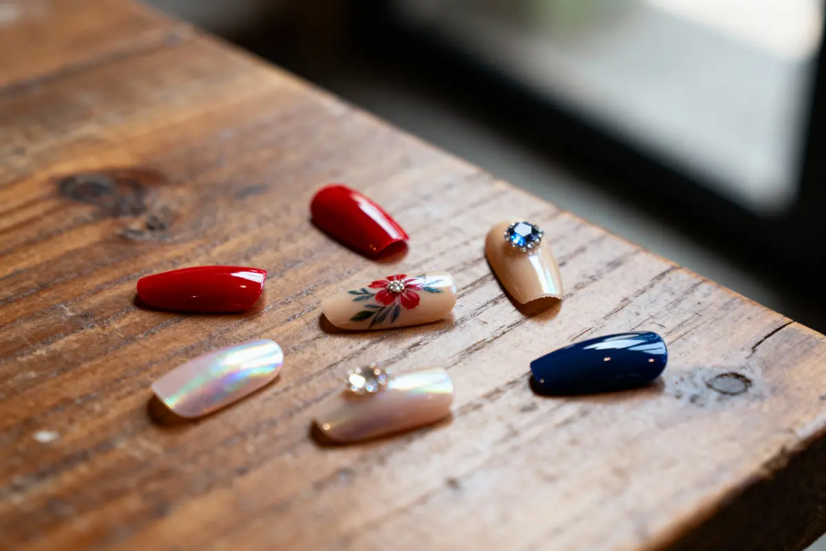 Faux ongles colorés sur une table en bois, motifs floraux et strass visibles, lumière naturelle.