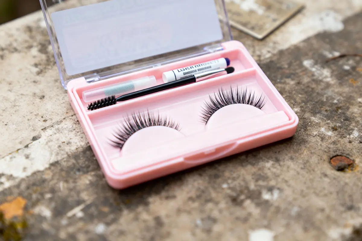 pexels-michal-pech-213601-757318 (1) Coffret rose contenant faux cils, tube de colle, pinceau sur surface texturée en pierre.