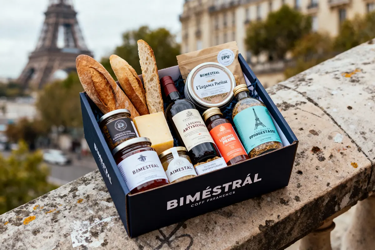 pexels-michal-pech-213601-757318 (1) Coffret cadeau gourmet avec produits français, tour Eiffel en arrière-plan.