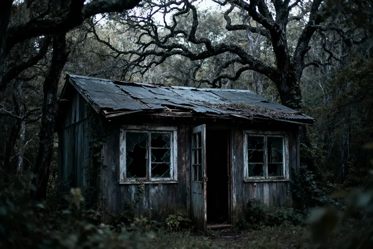pexels-michal-pech-213601-757318 (1) Cabane en bois délabrée avec fenêtres brisées, entourée d'arbres sombres, ambiance mystérieuse et abandonnée.