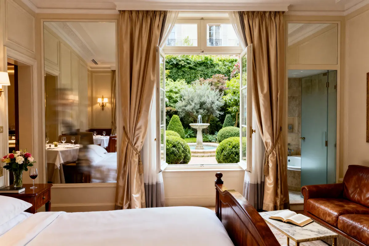 pexels-michal-pech-213601-757318 (1) Chambre d'hôtel élégante avec vue sur jardin luxuriant et fontaine, fauteuil confortable et livre posé sur table.