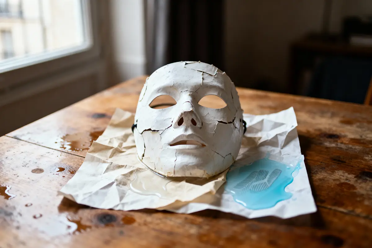 pexels-michal-pech-213601-757318 (1) Masque fissuré en plâtre sur papier humide posé sur une table en bois, lumière naturelle.