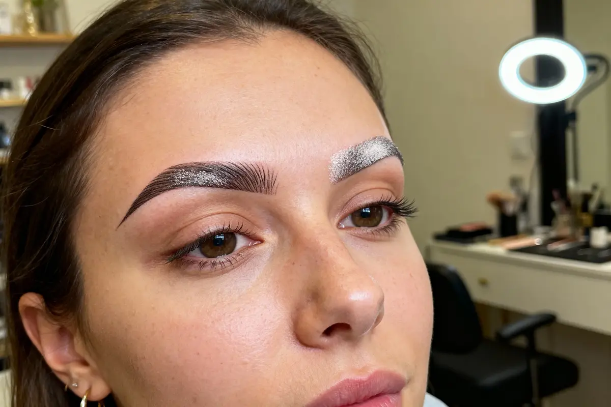 pexels-michal-pech-213601-757318 (1) Femme avec sourcils dessinés et crème blanche, lumière ronde en arrière-plan, intérieur salon de beauté.