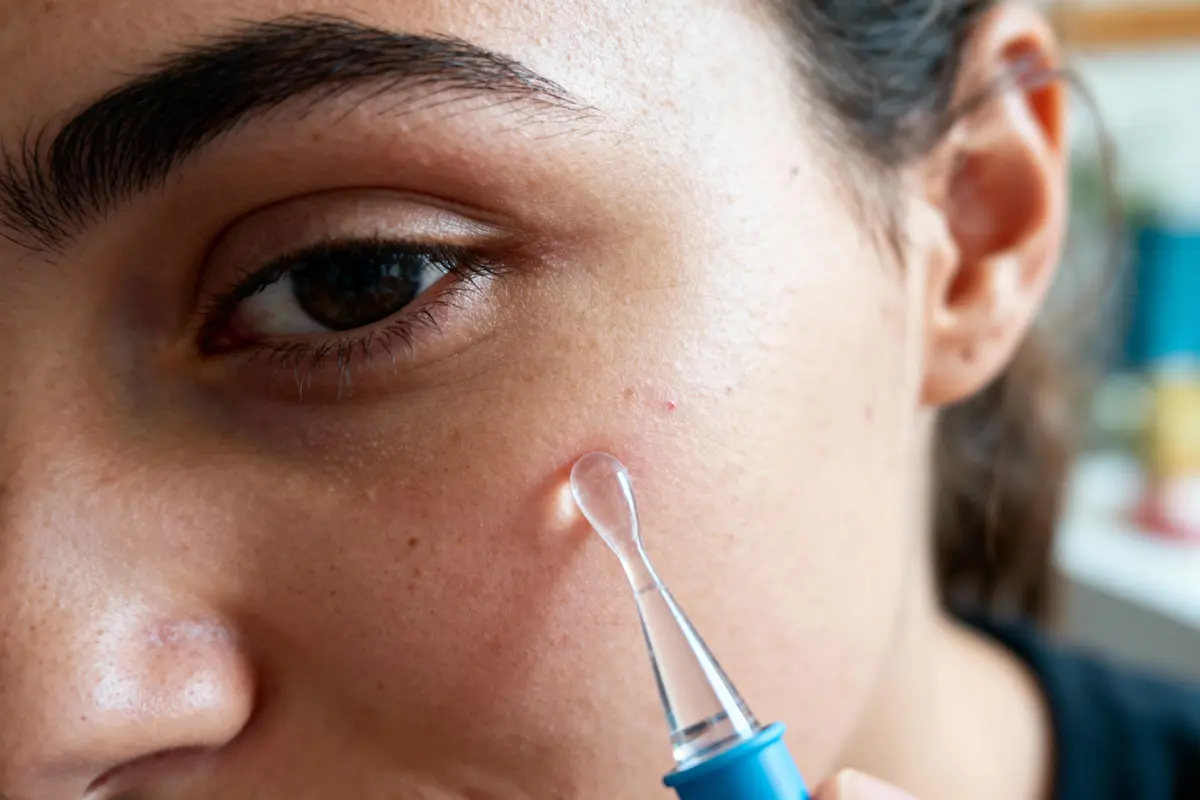 Gros plan visage appliquant produit cosmétique transparent avec applicateur sur la peau.