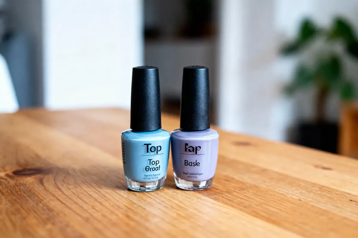 pexels-michal-pech-213601-757318 (1) Deux flacons de vernis à ongles colorés sur une table en bois, arrière-plan légèrement flou.