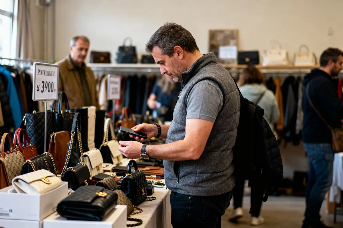 Homme observant des sacs à main sur un marché intérieur, consultant son téléphone. Panneaux indiquant prix en yen.