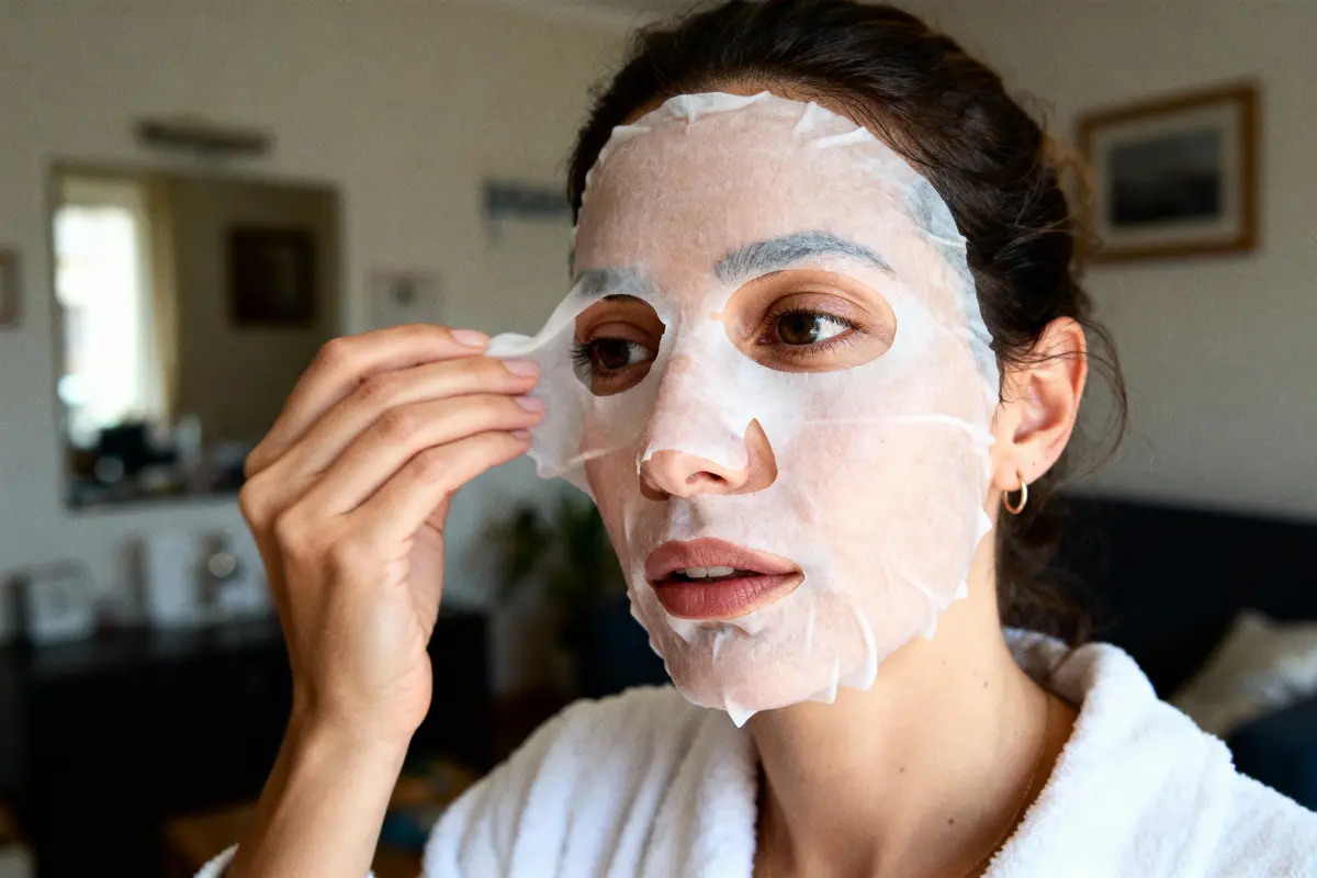 pexels-michal-pech-213601-757318 (1) Femme appliquant un masque facial en feuille dans un intérieur moderne et confortable, portant un peignoir blanc.