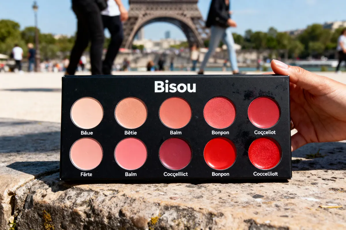 pexels-michal-pech-213601-757318 (1) Palette de rouges à lèvres Bisou avec dix nuances, fond Tour Eiffel flou.