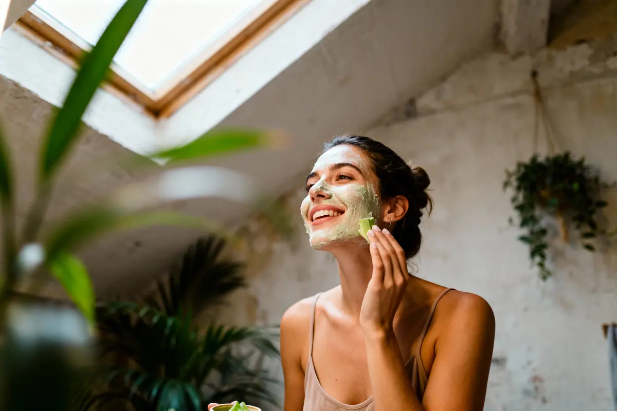 pexels-michal-pech-213601-757318 (1) Femme souriante appliquant masque facial vert, intérieur lumineux avec plantes et fenêtre en arrière-plan.