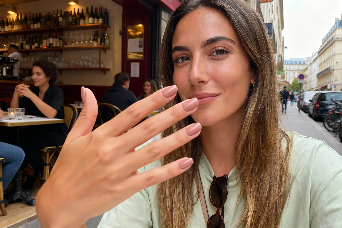 pexels-michal-pech-213601-757318 (1) Une femme montrant ses ongles manucurés dans un café parisien avec rue en arrière-plan.