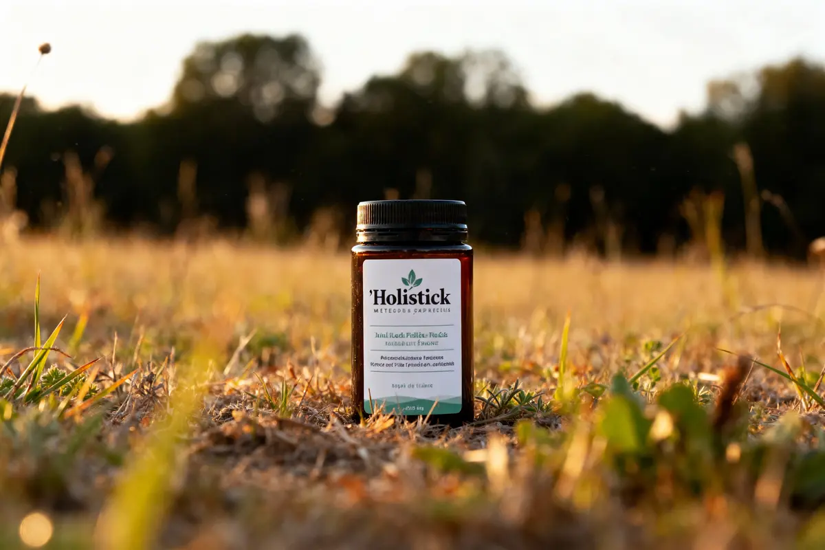 pexels-michal-pech-213601-757318 (1) Bocal de compléments alimentaires Holistick dans un champ ensoleillé, avec arbres flous en arrière-plan.