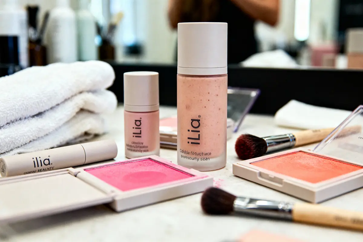 Produits de maquillage Ilia sur une table, incluant blush et pinceaux, devant un miroir.