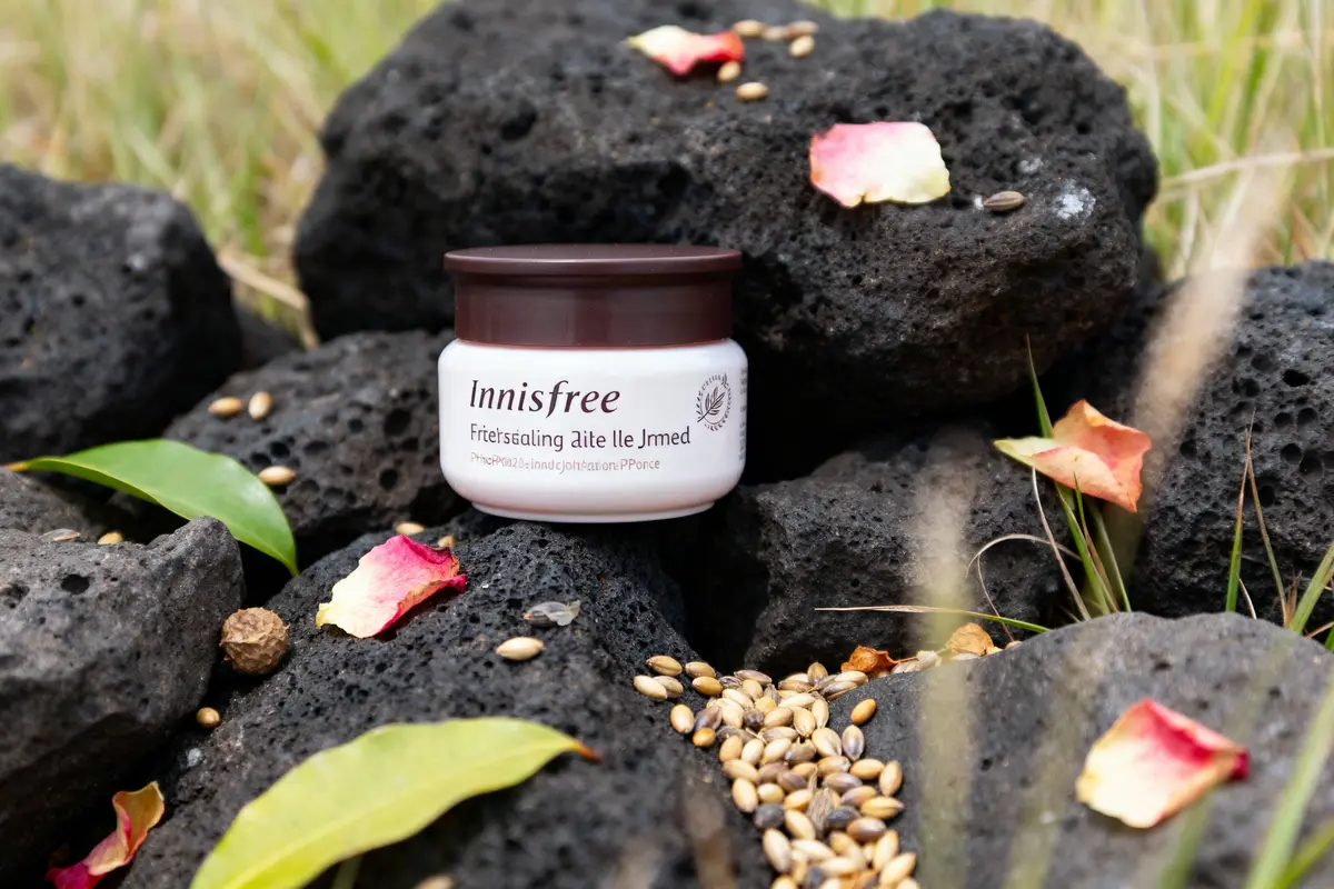 pexels-michal-pech-213601-757318 (1) Pot de crème Innisfree posé sur roches noires, entouré de pétales et graines. Nature et soin.