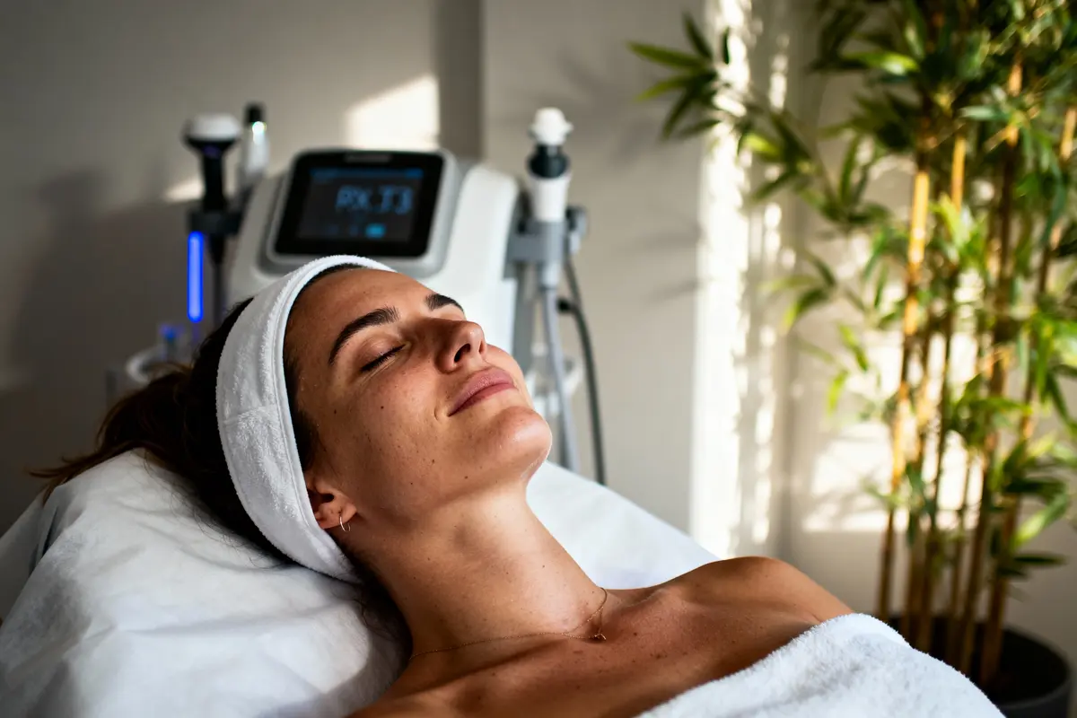 pexels-michal-pech-213601-757318 (1) Femme détendue dans un spa, allongée, appareil de soin en arrière-plan, plante verte à côté.