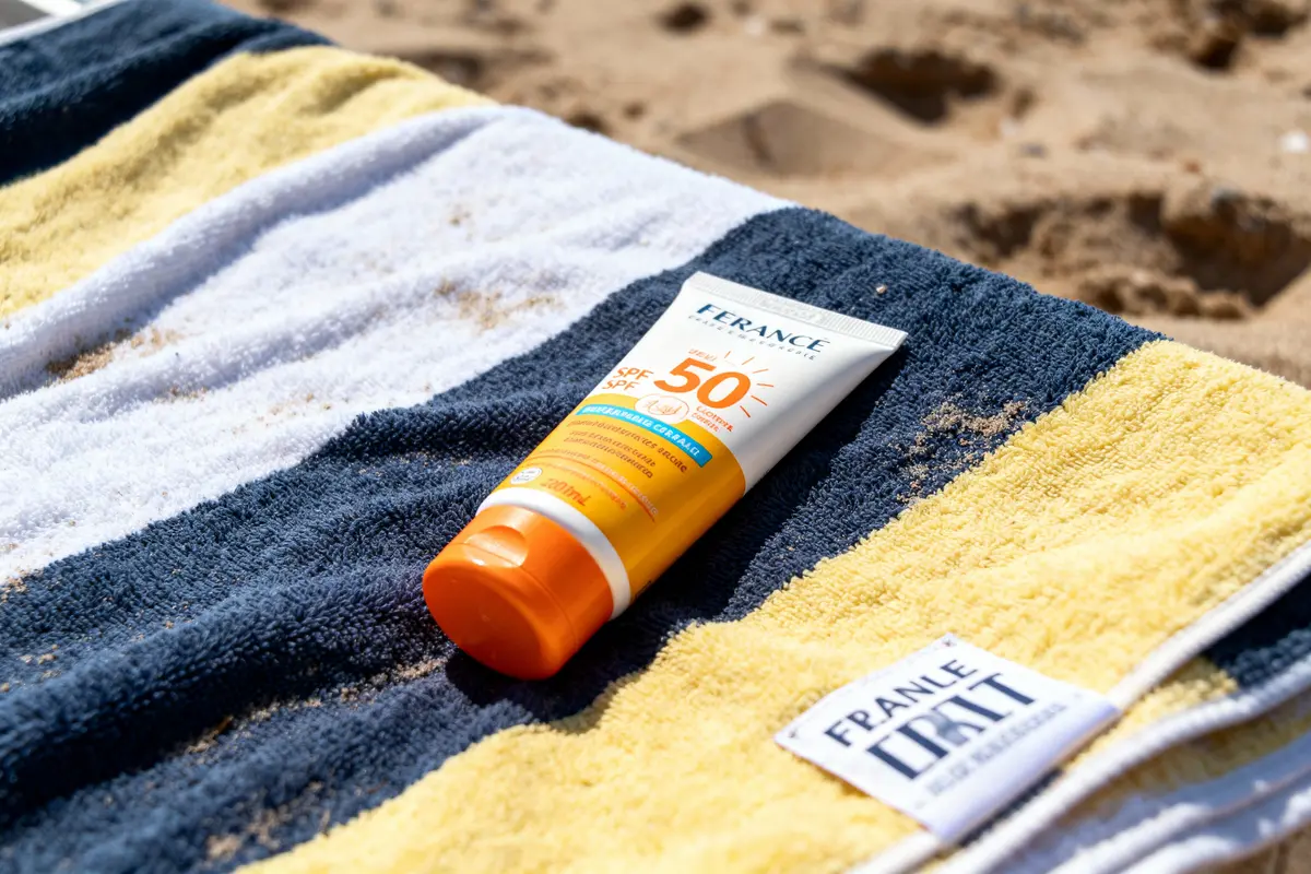 pexels-michal-pech-213601-757318 (1) Crème solaire SPF 50 sur serviette rayée bleue, blanche, jaune, posée sur sable de plage.