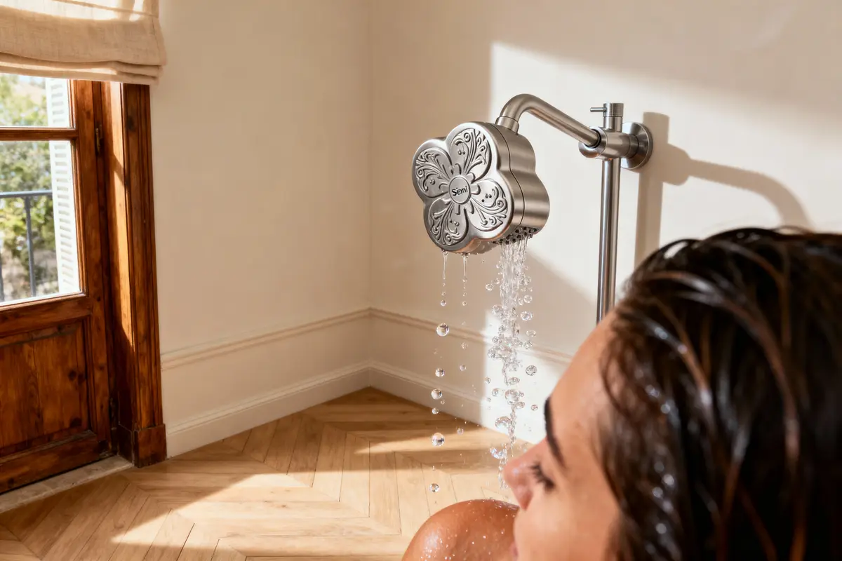 pexels-michal-pech-213601-757318 (1) Personne sous une douche design avec motif floral, près d'une fenêtre en bois et parquet clair.