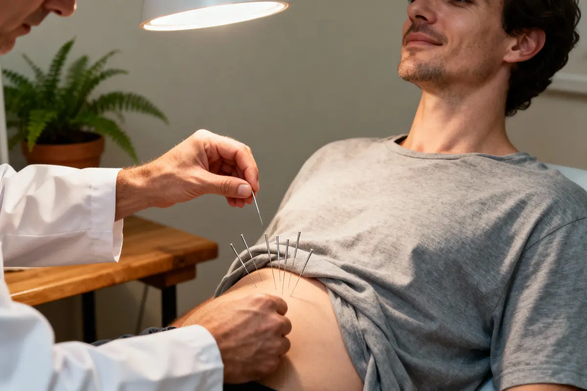 pexels-michal-pech-213601-757318 (1) Homme recevant une séance d'acupuncture abdominale par un praticien sous une lampe, plante en arrière-plan.