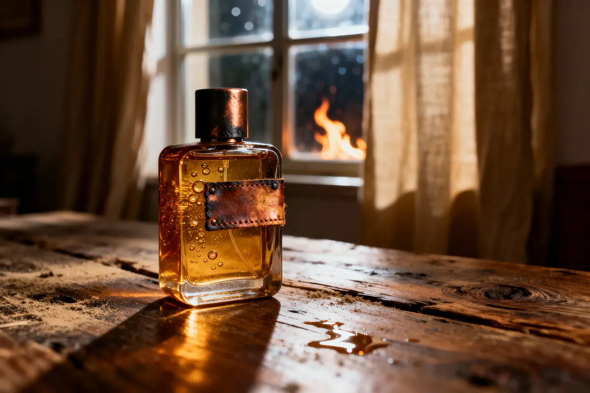 pexels-michal-pech-213601-757318 (1) Bouteille de parfum vintage sur une table en bois, avec une fenêtre et flammes en arrière-plan.