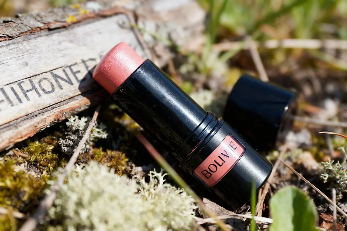 pexels-michal-pech-213601-757318 (1) Stick de maquillage rose foncé "BOLIVE" sur fond de mousse et bois.