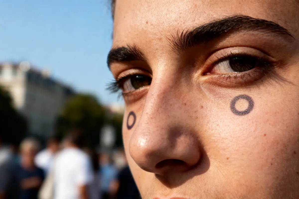 pexels-michal-pech-213601-757318 (1) Gros plan sur un visage avec deux tatouages circulaires près des yeux, fond flou urbain.